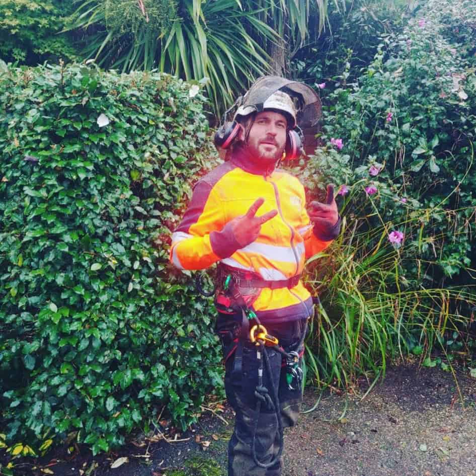 Tree surgeon in safety gear standing among lush greenery and flowering plants.