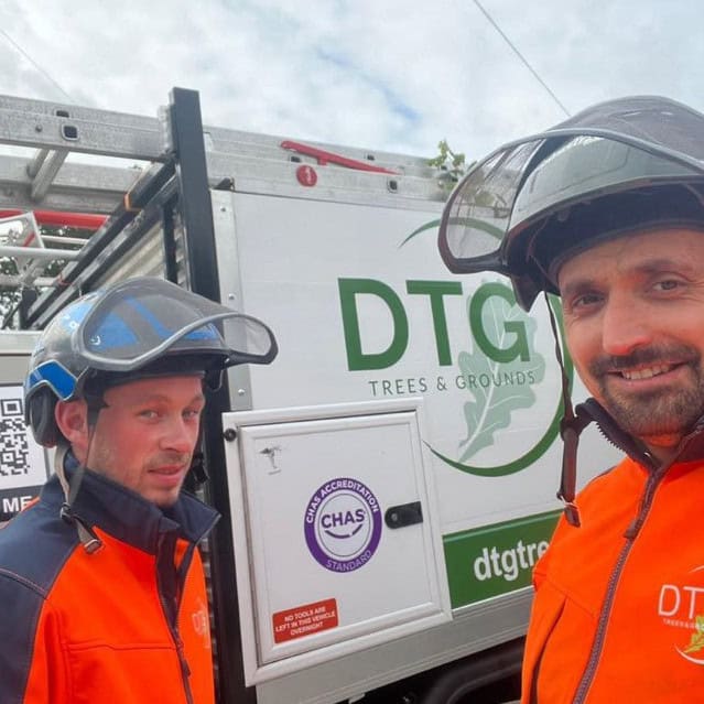 Devon Trees & Grounds Ltd team in safety gear beside tree maintenance vehicle.
