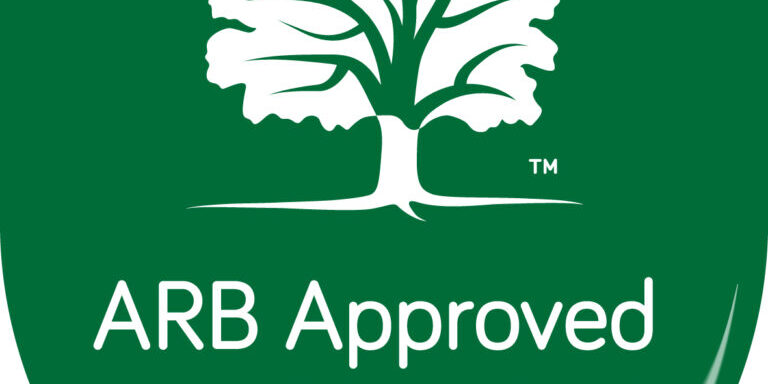 ARB Approved Contractor logo with tree graphic and website URL.