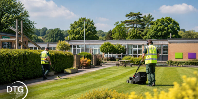 Garden maintenance team mowing and trimming grass at a school.