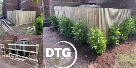 New wooden garden fence installation with lush green shrubs in Devon.